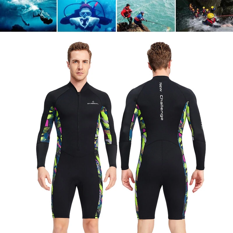 DIVE&SAIL Herren-Shorty-Neoprenanzug aus 1,5 mm dickem UV-beständigem Material mit Reißverschluss vorne und langen Ärmel
