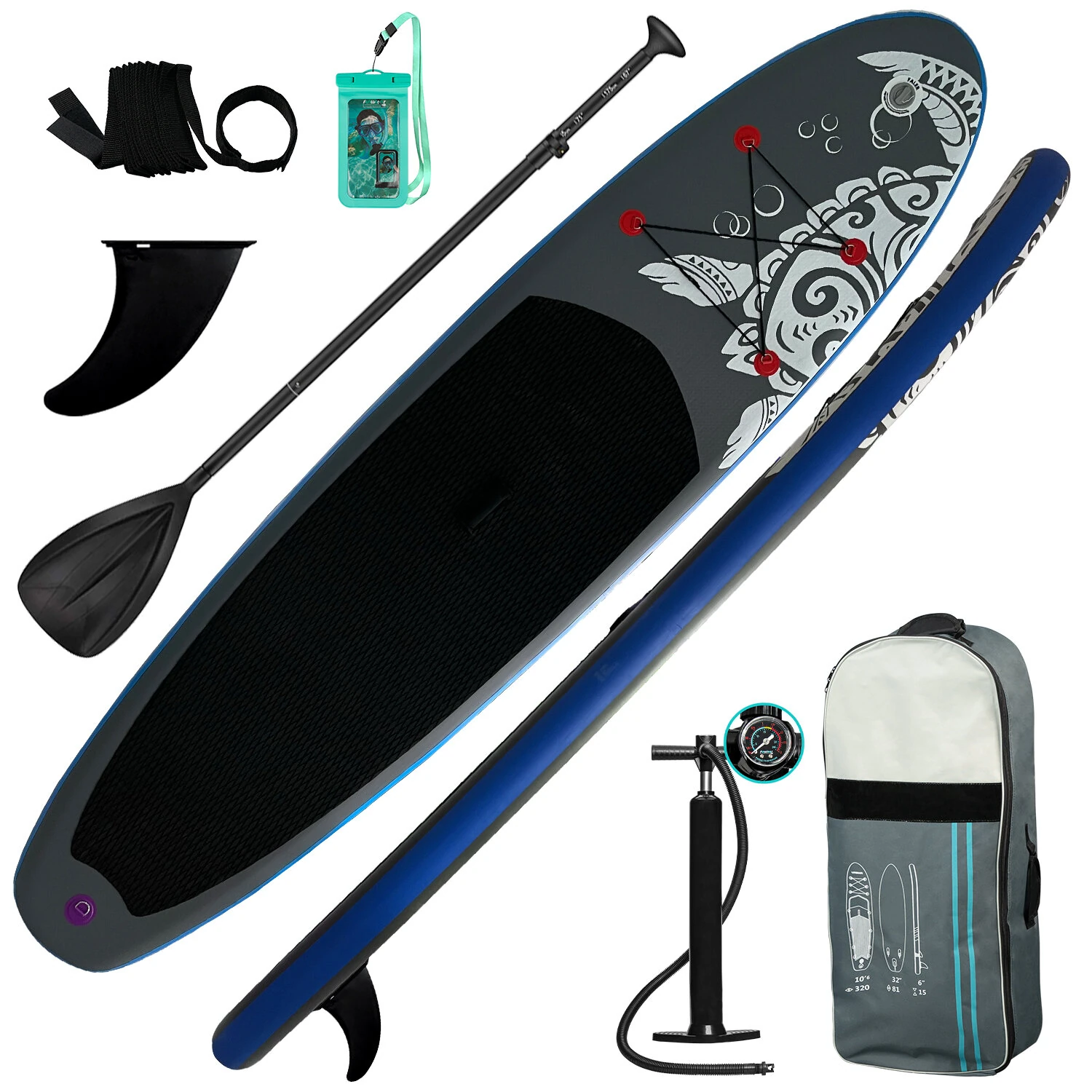 [EU Direct] Funwater 335 cm aufblasbares Stand-Up-Paddle-Board mit Pumpe, verstellbarem Paddel, wasserdichter Handytasch